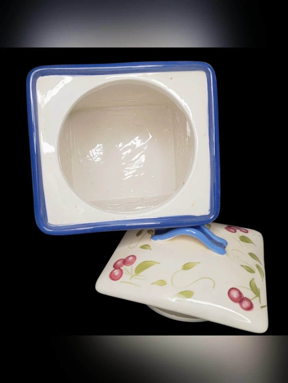 Vintage Insprado Hand Painted Ceramic Cherry Pattern Cookie Jar